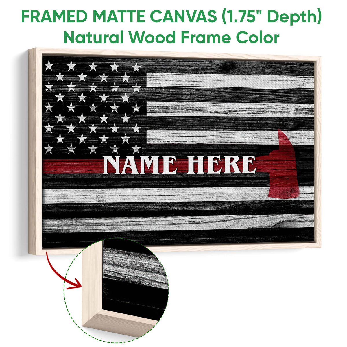 Natural wood framed firefighter wall art featuring a rustic flag design and red fire helmet motif