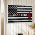 Firefighter flag wall art displayed in a bright rustic room with white wood paneling