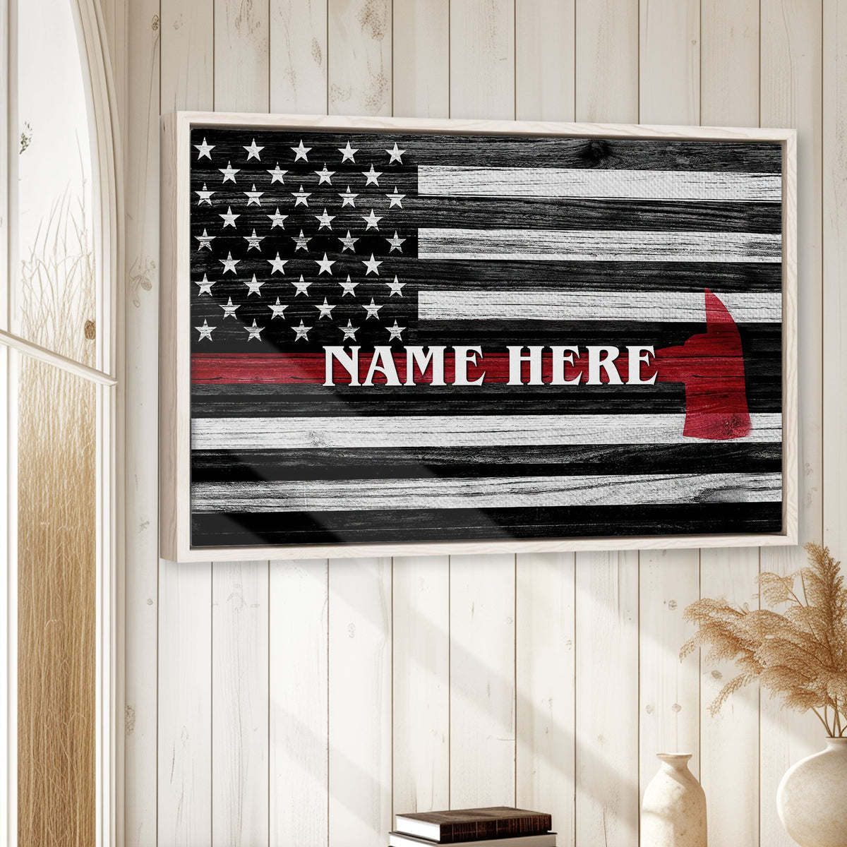 Firefighter flag wall art displayed in a bright rustic room with white wood paneling