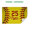Unframed softball poster featuring a bright yellow softball texture and red stitching