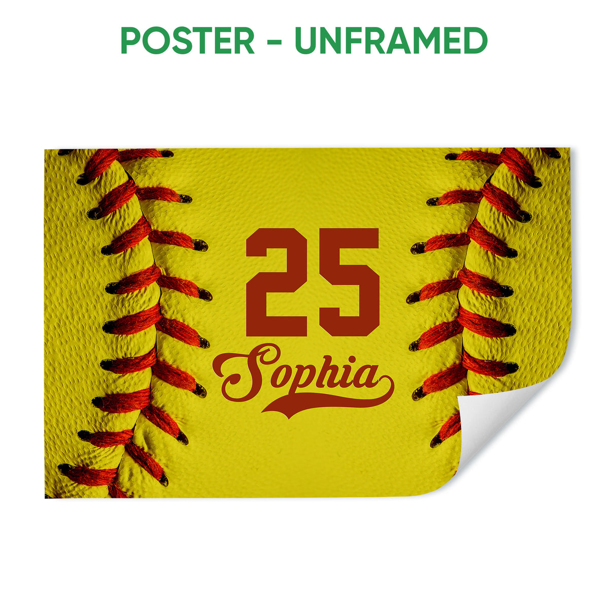 Unframed softball poster featuring a bright yellow softball texture and red stitching