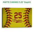 Matte canvas softball wall art with yellow textured background and red stitched border