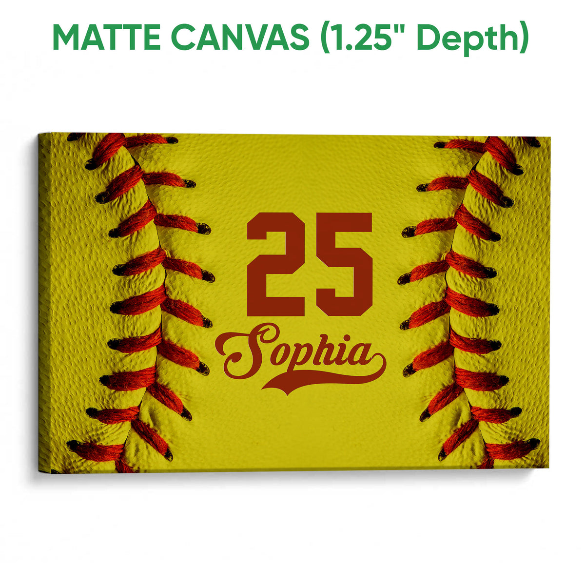 Matte canvas softball wall art with yellow textured background and red stitched border