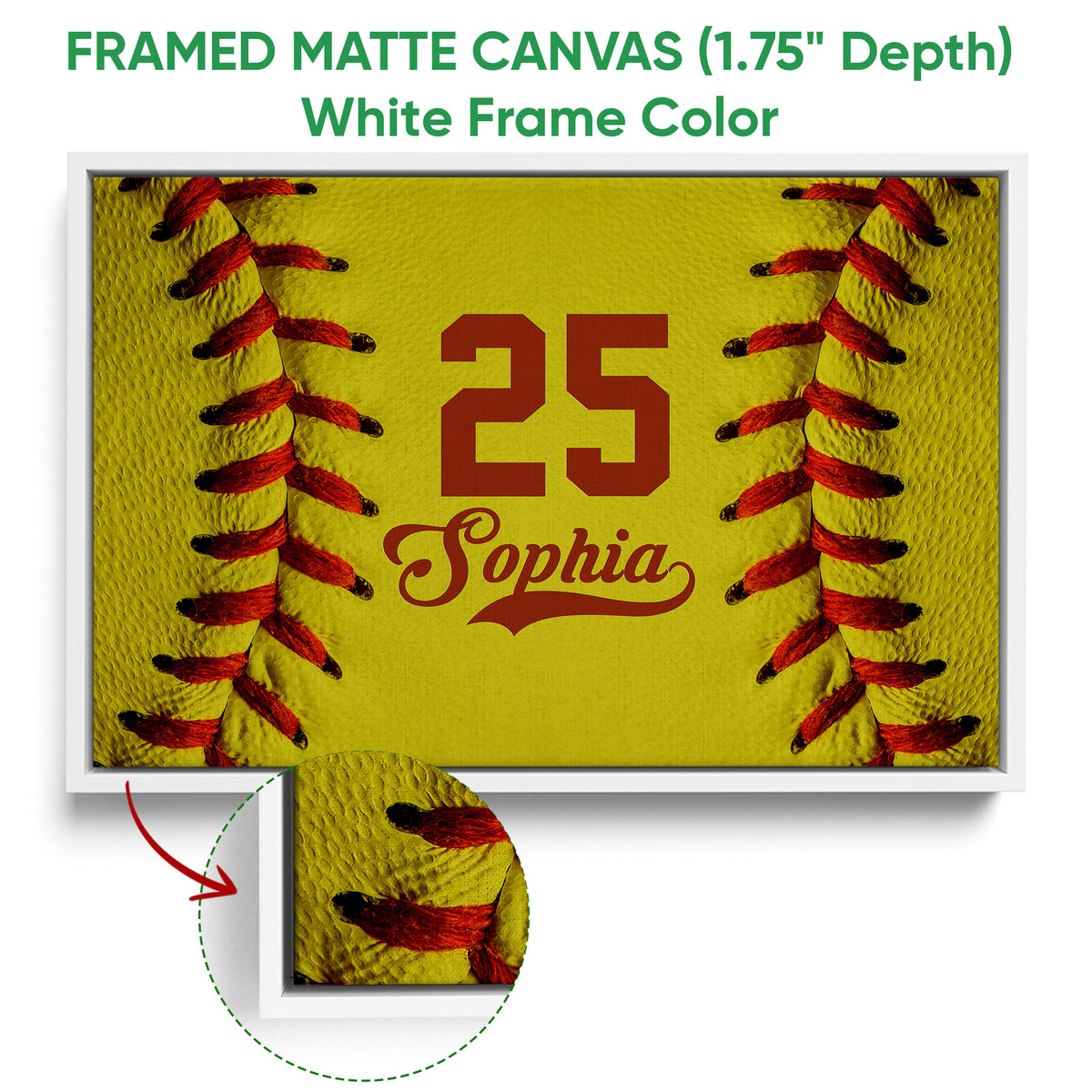 White framed canvas softball wall art with a close-up view of the frame and stitched design