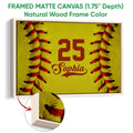 Natural wood framed canvas softball wall art with a close-up of the textured frame