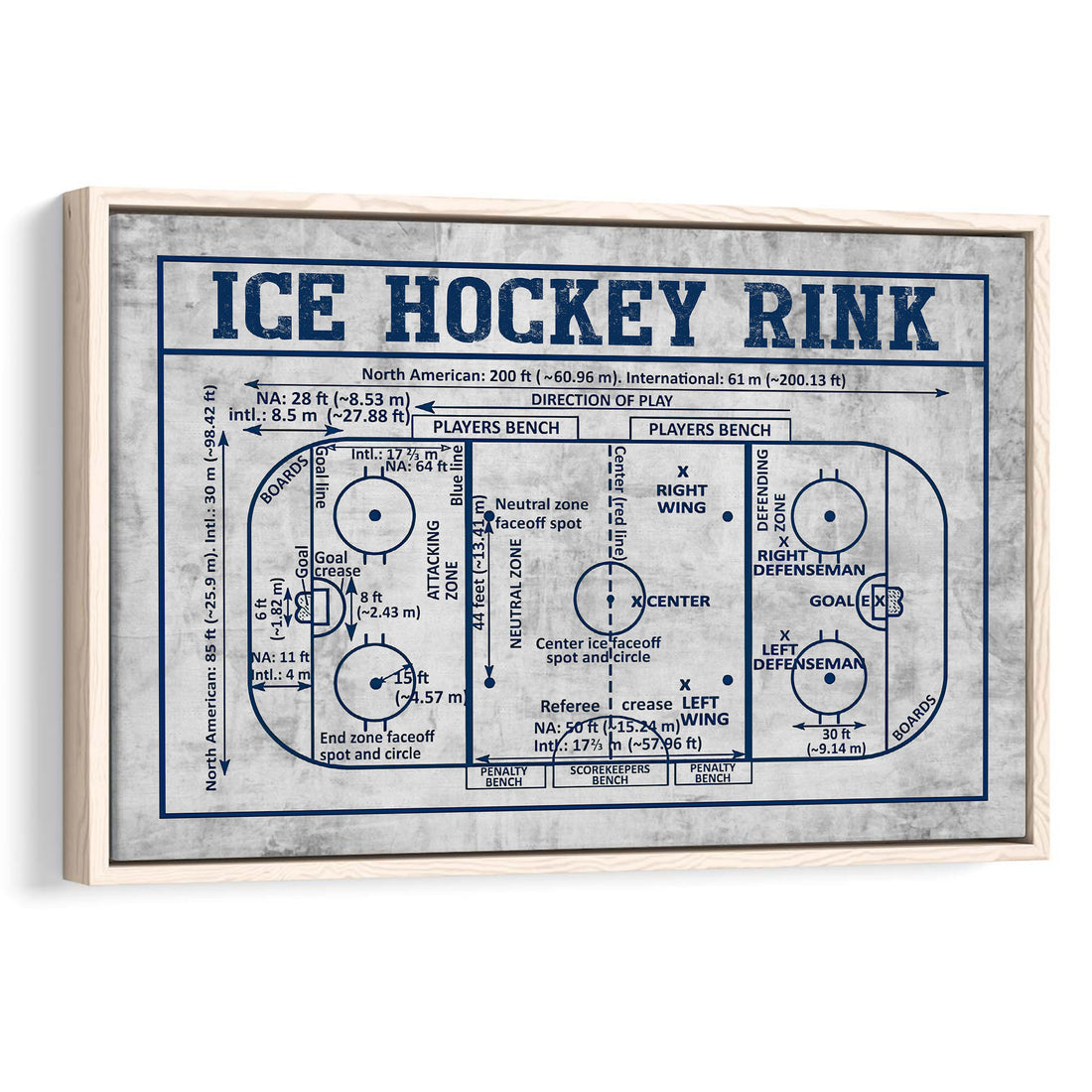 Framed hockey rink wall art featuring a detailed ice surface diagram in navy and gray