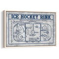 Framed hockey rink wall art featuring a detailed ice surface diagram in navy and gray