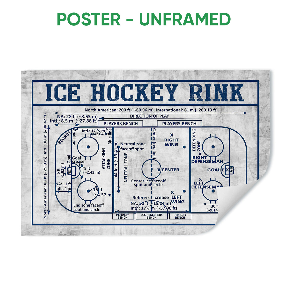 Unframed poster featuring a detailed ice hockey rink layout in navy and gray