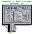 Black framed canvas wall art displaying a detailed ice hockey rink diagram with close-up frame detail