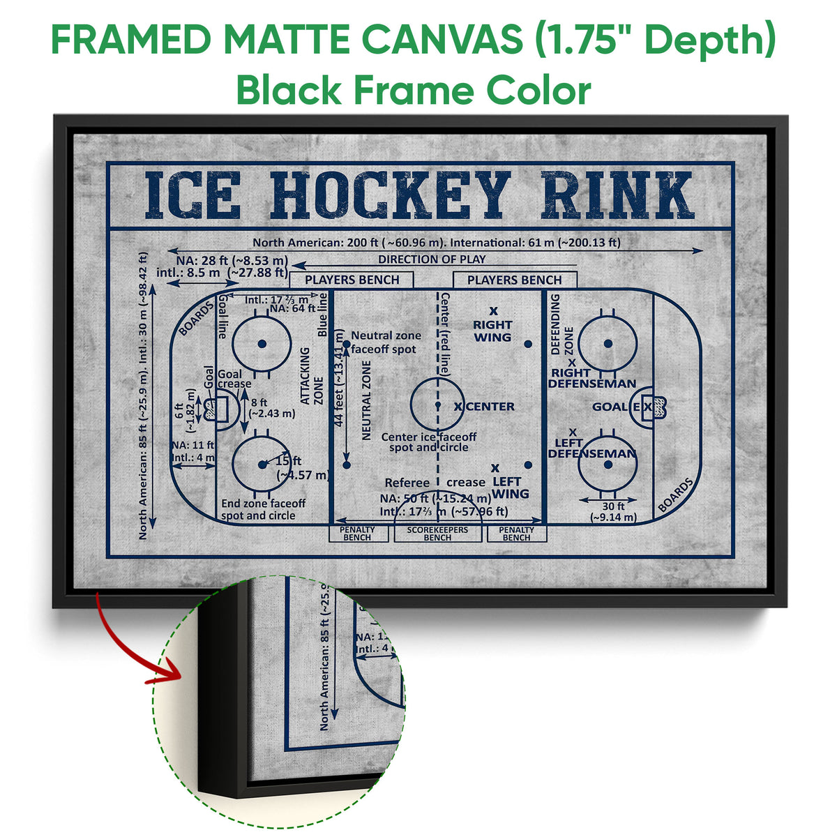 Black framed canvas wall art displaying a detailed ice hockey rink diagram with close-up frame detail