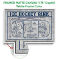 White framed canvas wall art displaying a detailed ice hockey rink diagram with close-up frame detail