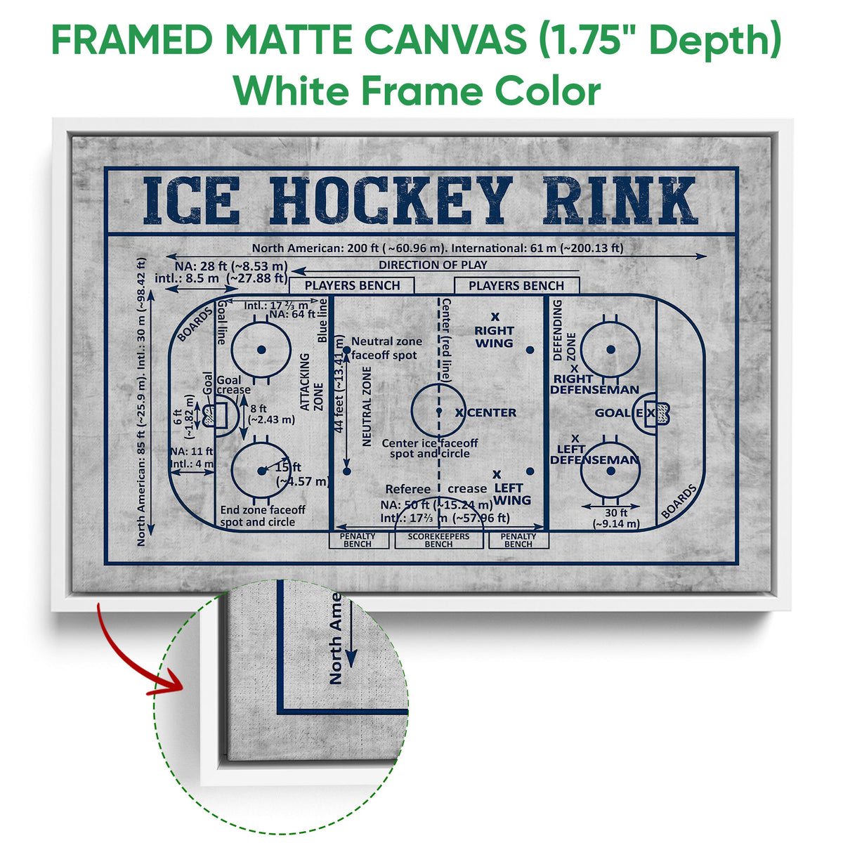 White framed canvas wall art displaying a detailed ice hockey rink diagram with close-up frame detail