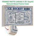 Natural wood framed canvas wall art displaying a detailed ice hockey rink diagram