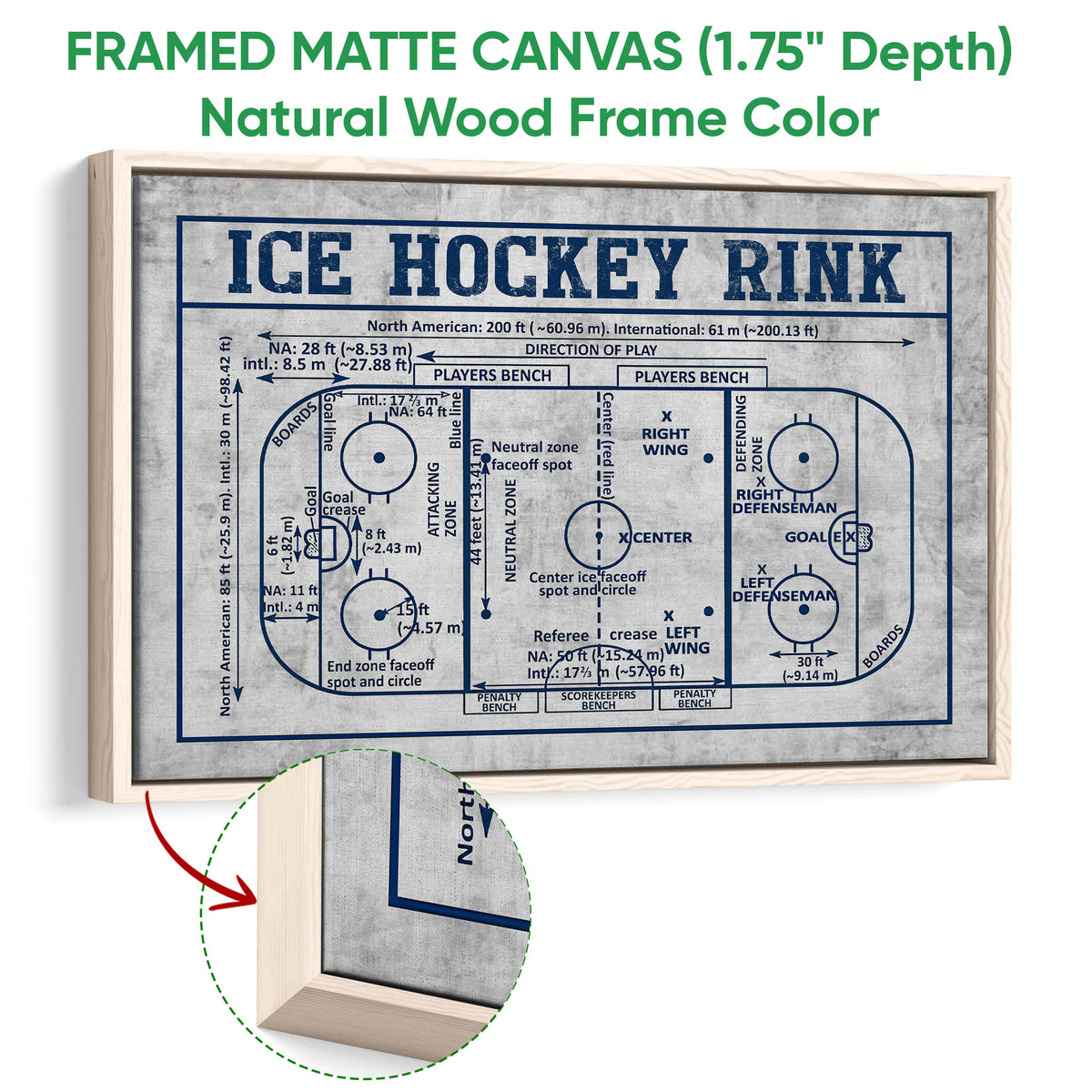 Natural wood framed canvas wall art displaying a detailed ice hockey rink diagram