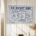 Ice hockey rink wall art displayed in a bright wood-paneled room with neutral decor