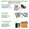 Poster and canvas wall art format guide showing unframed poster, matte canvas, and framed canvas options