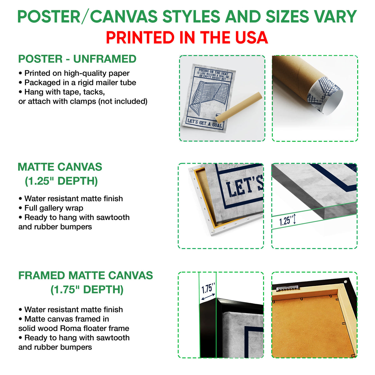 Poster and canvas wall art format guide showing unframed poster, matte canvas, and framed canvas options