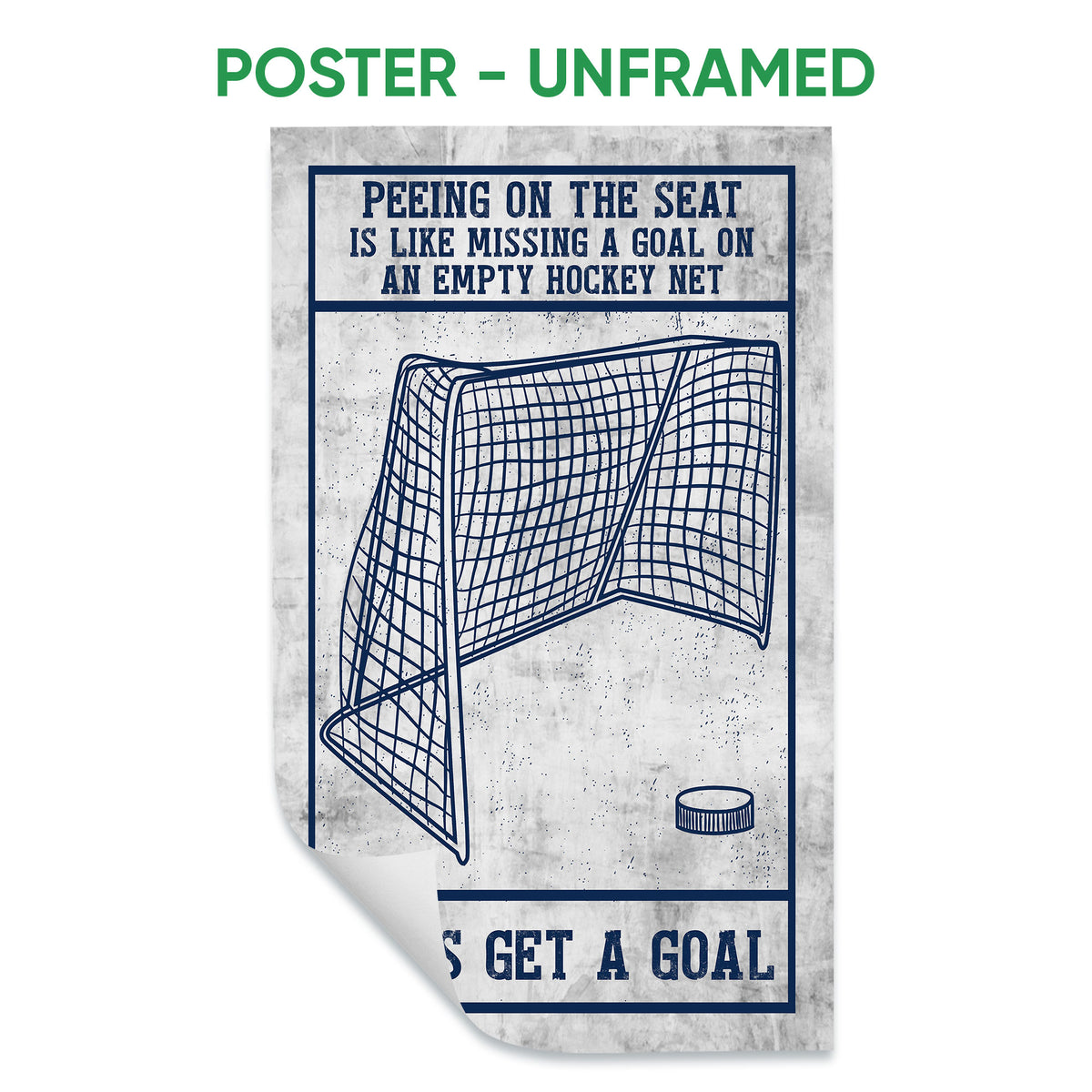 Unframed hockey poster featuring a goal net, puck, navy border, and distressed gray background
