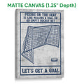 Matte canvas hockey wall art featuring a goal net, puck, navy artwork, and gray textured background