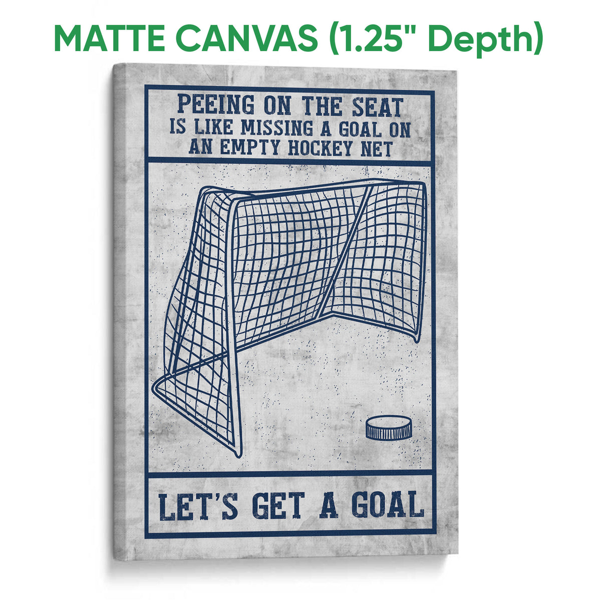 Matte canvas hockey wall art featuring a goal net, puck, navy artwork, and gray textured background