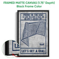 Black framed hockey canvas wall art with a goal net illustration and distressed navy and gray design
