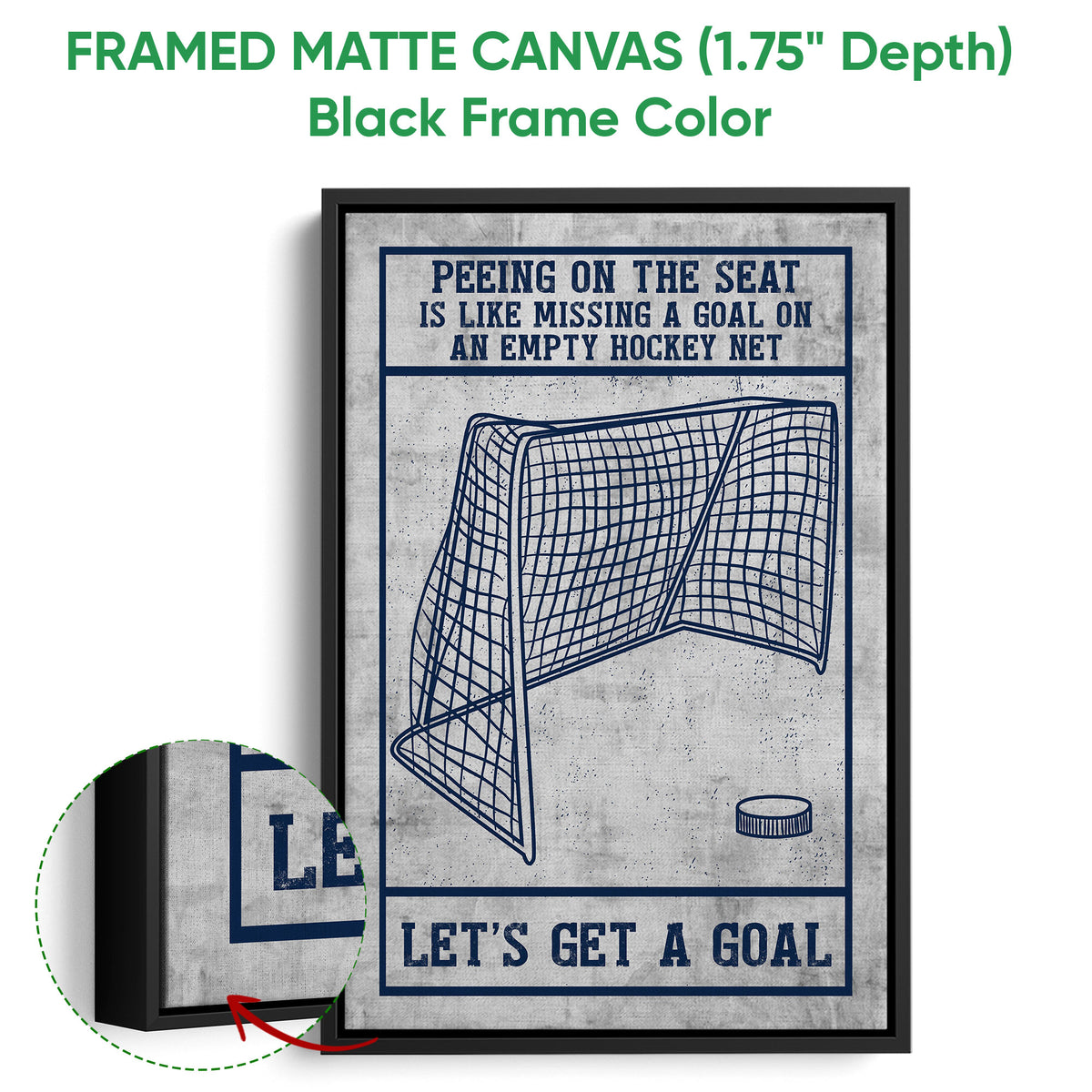 Black framed hockey canvas wall art with a goal net illustration and distressed navy and gray design