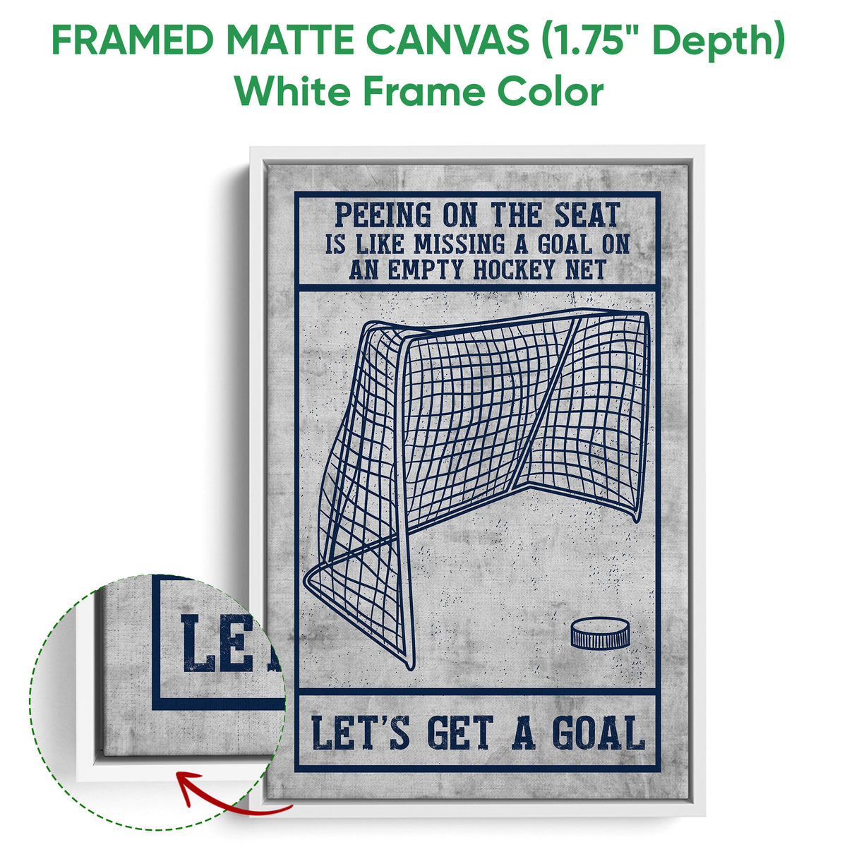 White framed hockey canvas wall art with a goal net, puck illustration, and navy message border