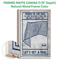 Natural wood framed hockey canvas wall art with a goal net and vintage-inspired gray and navy design