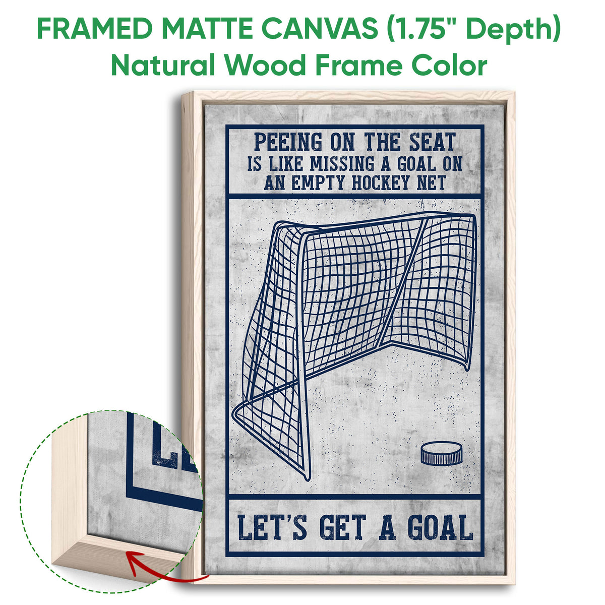 Natural wood framed hockey canvas wall art with a goal net and vintage-inspired gray and navy design