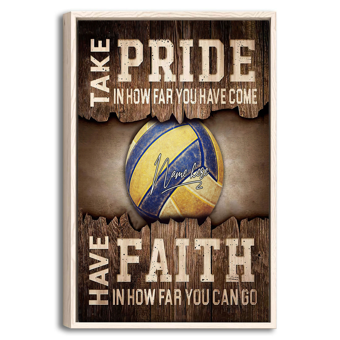 Framed volleyball wall art with a blue and yellow ball on a rustic wood-inspired background