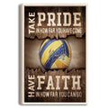 Framed volleyball wall art with a blue and yellow ball on a rustic wood-inspired background