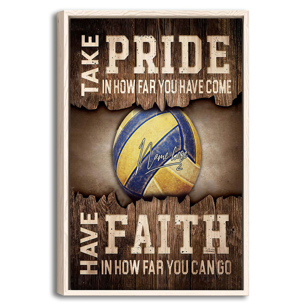 Framed volleyball wall art with a blue and yellow ball on a rustic wood-inspired background