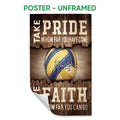 Unframed volleyball poster featuring a blue and yellow ball with rustic wood-style sports artwork