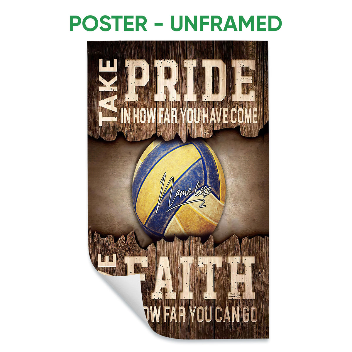 Unframed volleyball poster featuring a blue and yellow ball with rustic wood-style sports artwork