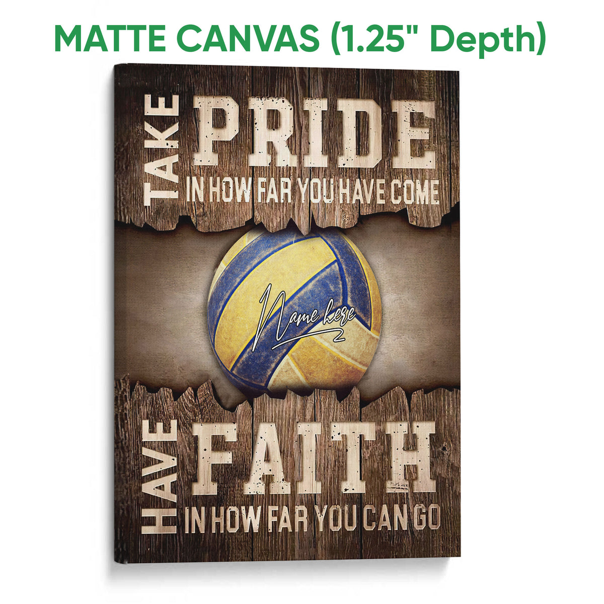 Matte canvas volleyball wall art with a blue and yellow ball and rustic wood-inspired design