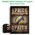Black framed volleyball canvas wall art with a rustic sports design and blue and yellow ball