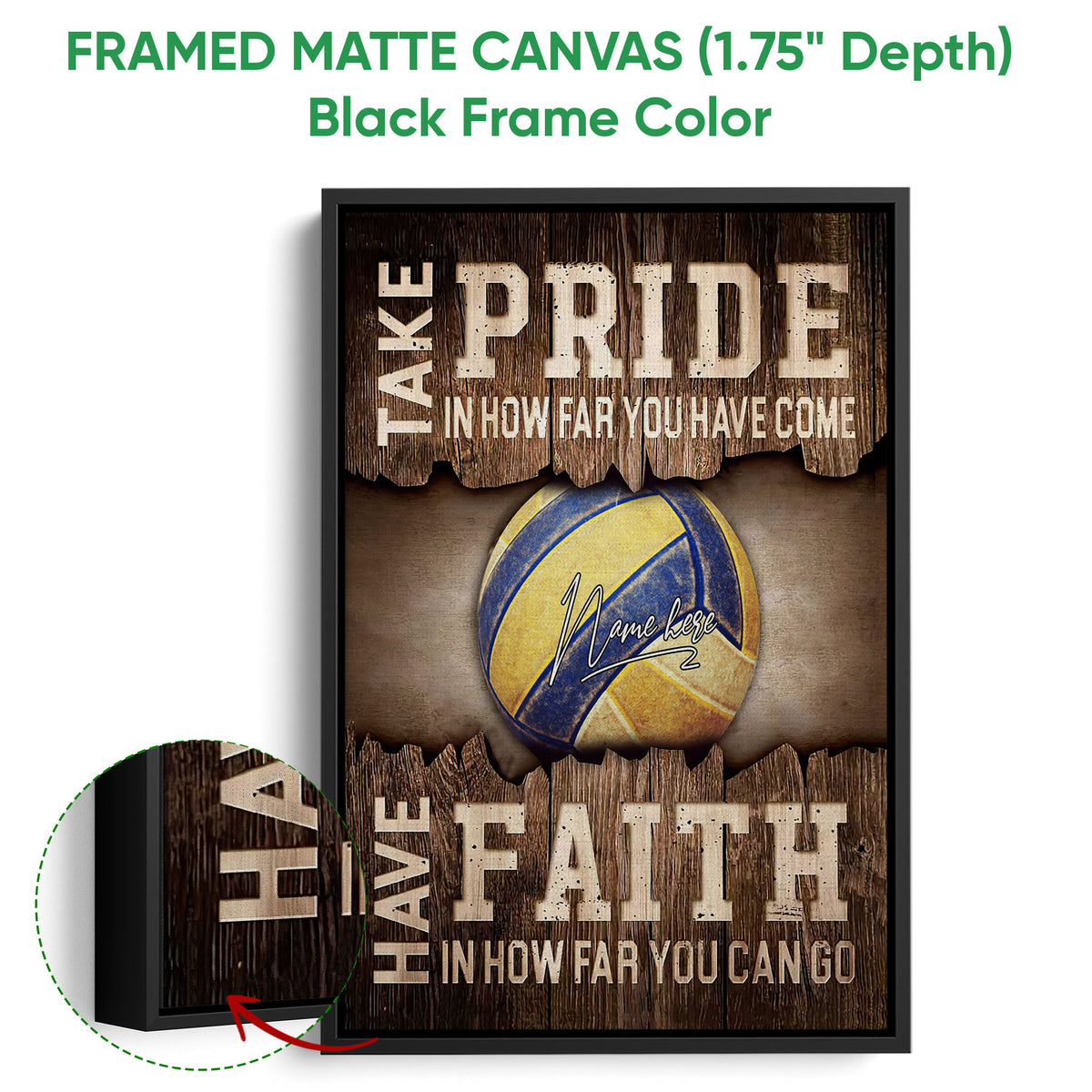 Black framed volleyball canvas wall art with a rustic sports design and blue and yellow ball