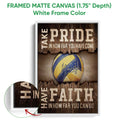 White framed volleyball canvas wall art featuring a blue and yellow ball and rustic wood-style backdrop