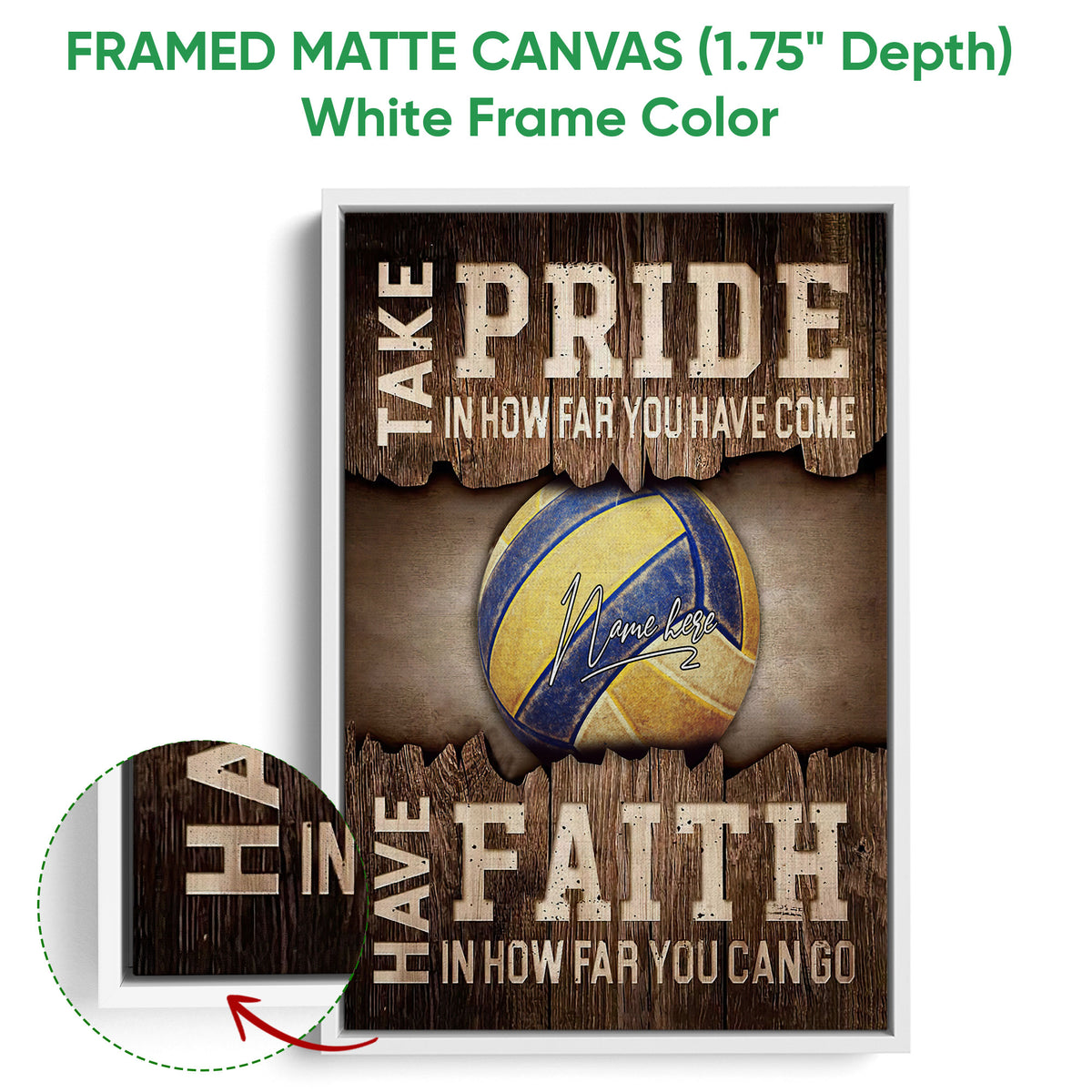 White framed volleyball canvas wall art featuring a blue and yellow ball and rustic wood-style backdrop