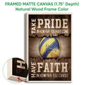 Natural wood framed volleyball wall art with a blue and yellow ball and rustic sports theme