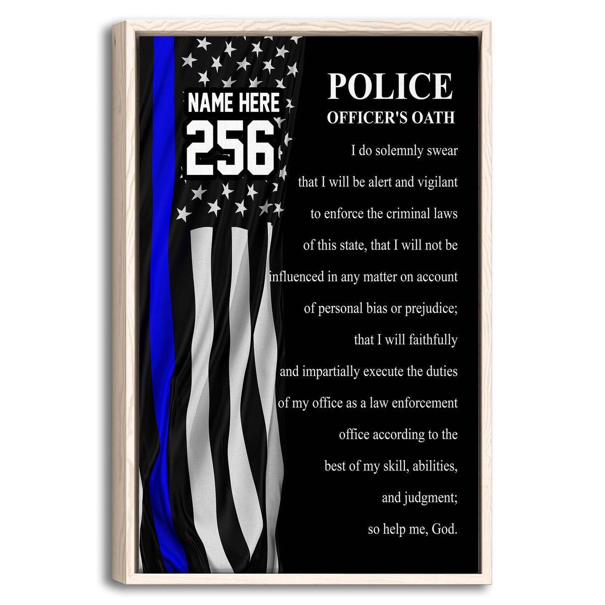 Framed police officer oath wall art with a blue stripe flag design in black, white, and blue