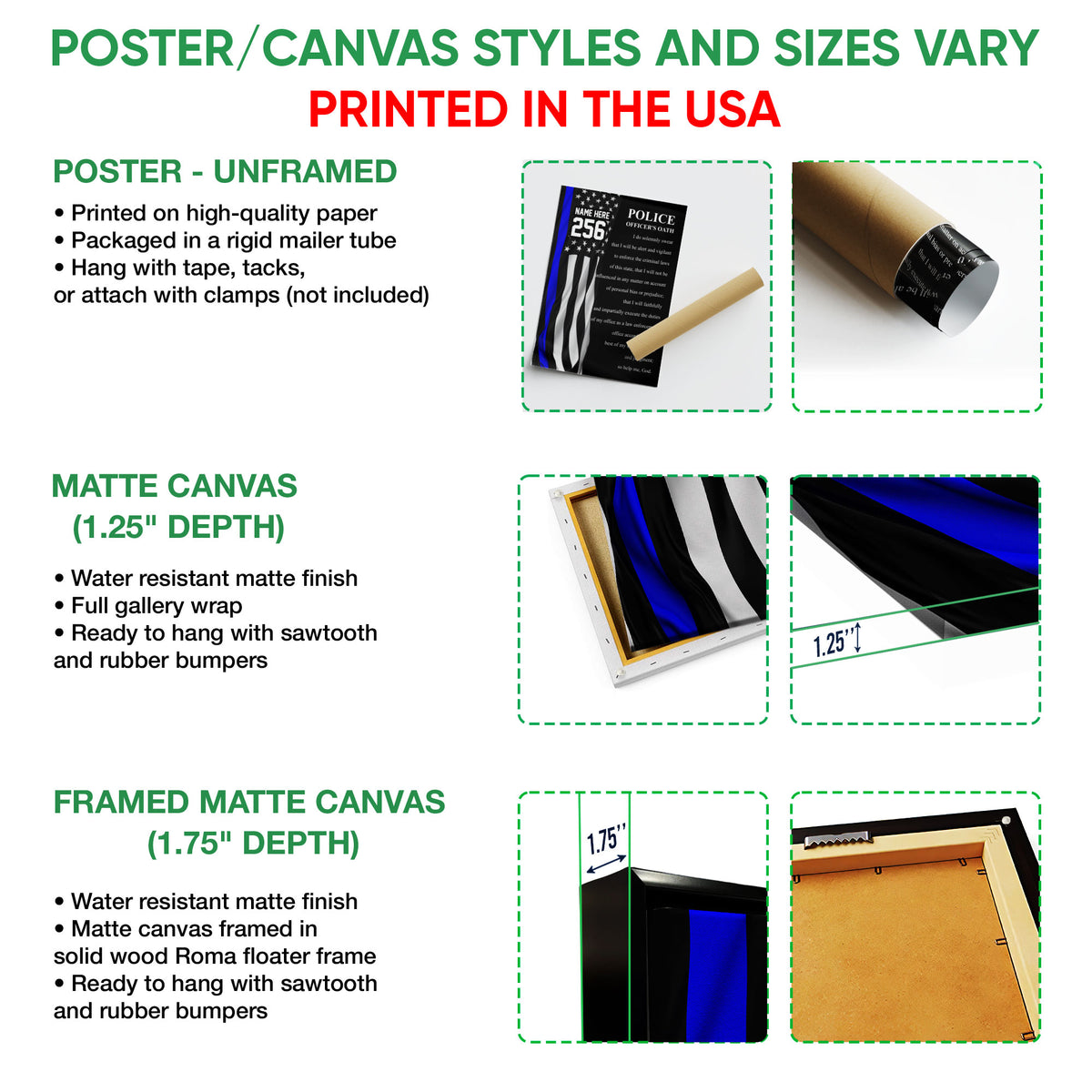 Police wall art poster and canvas format guide showing unframed, canvas, and framed canvas options