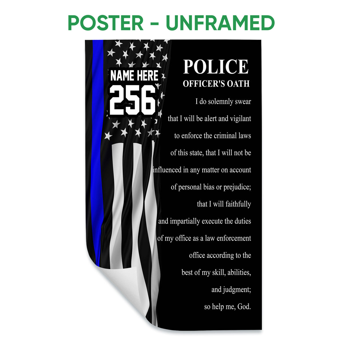 Unframed police officer oath poster featuring a blue stripe flag design and formal law enforcement text