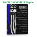 Matte canvas police wall art featuring a blue stripe flag and officer oath design