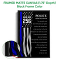 Black framed police officer oath canvas with a blue stripe flag design and close-up frame detail