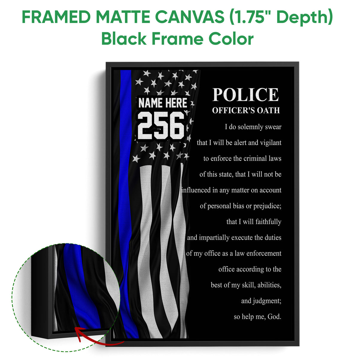 Black framed police officer oath canvas with a blue stripe flag design and close-up frame detail