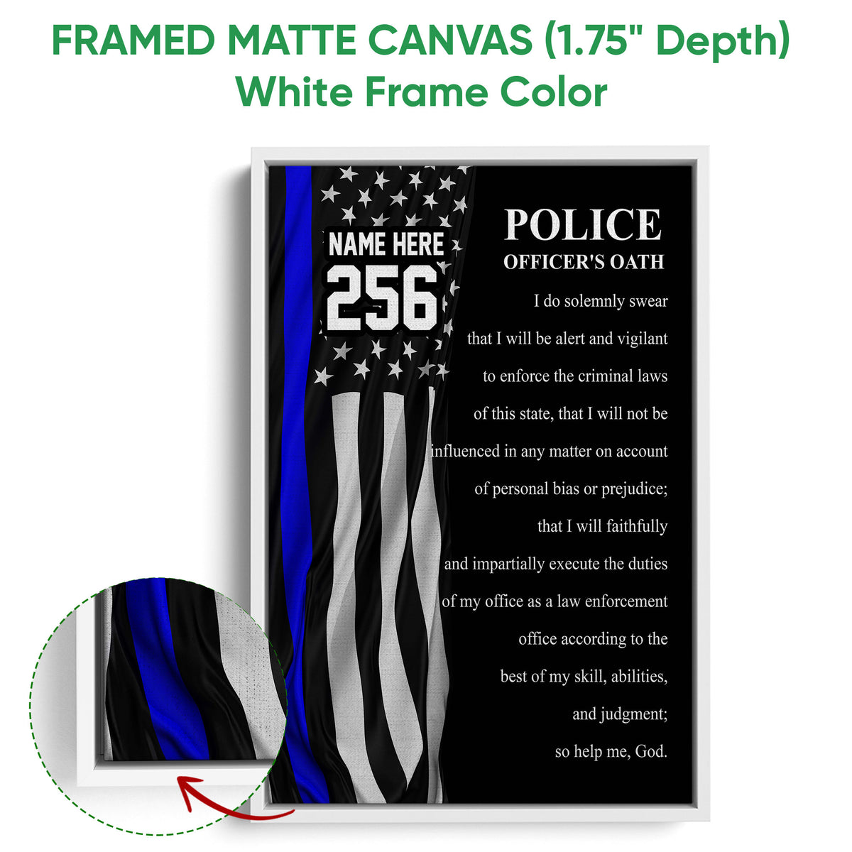 White framed police officer oath canvas featuring a blue stripe flag design and close-up texture detail