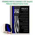 Natural wood framed police officer oath wall art with a blue stripe flag design and frame detail