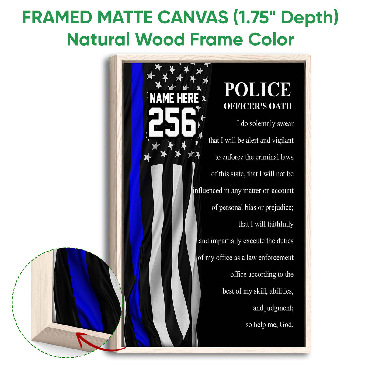 Natural wood framed police officer oath wall art with a blue stripe flag design and frame detail