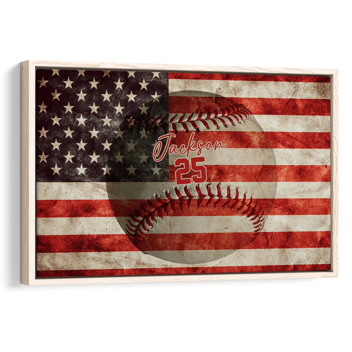 Framed baseball wall art featuring a vintage American flag design in red, white, and blue